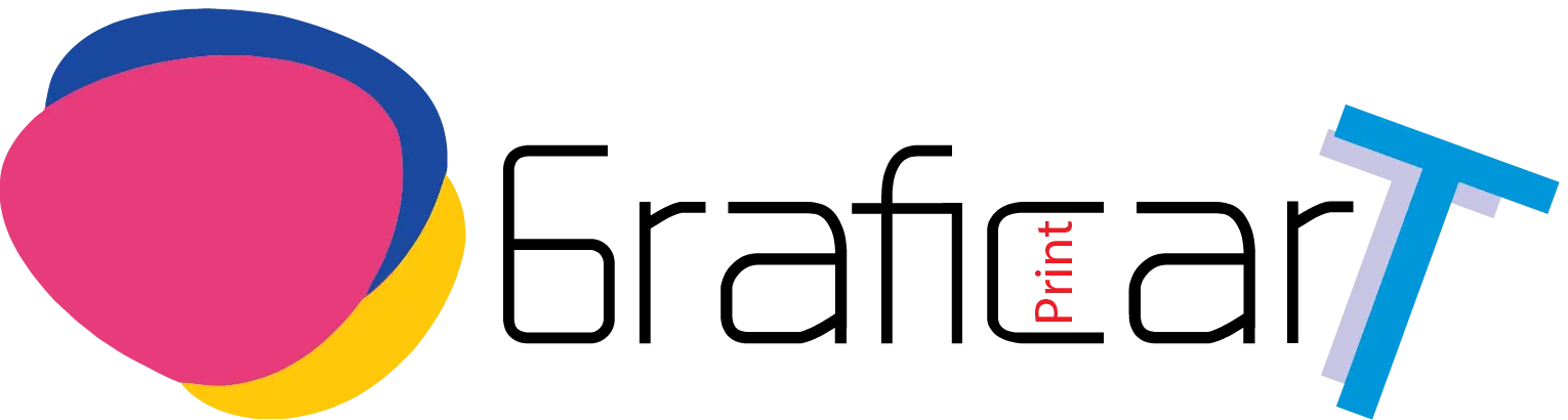 Logo Graficarte conformado por 3 formas irregulares en color fucsia, azul y amarillo, acompañado de las letras GraficarT y print.